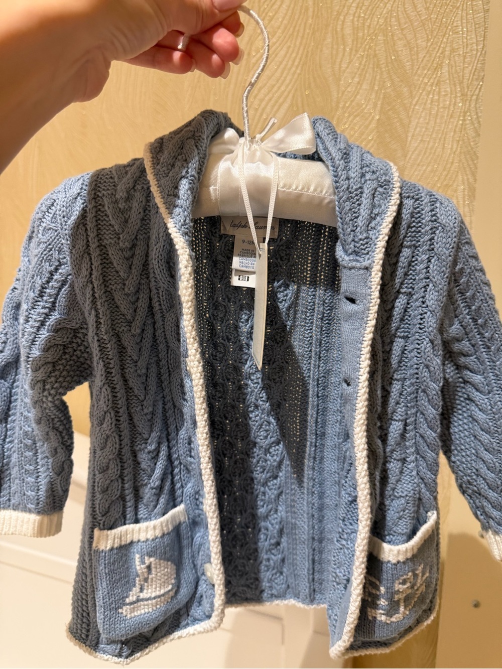 Polo by Ralph Lauren Blue Cable Knit Hooded Cardigan with Cream Trim
